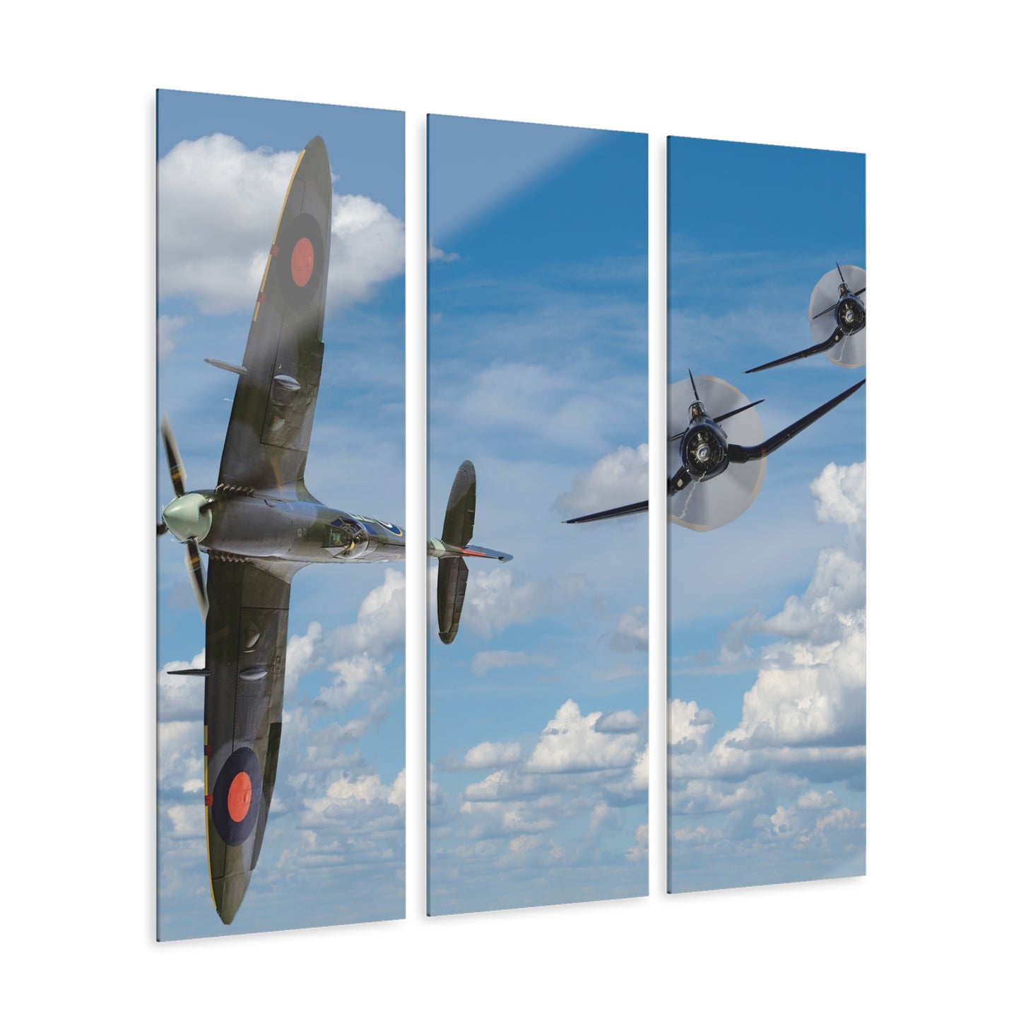 Wall Art, World War II F4U Corsair Chasing Down a British Supermarine Spitfire Fighter, Set of three Triptych Acrylic Prints, Home Decor