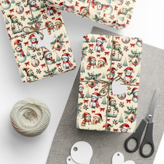 Christmas Trees Wrapping Paper - Festive Holiday Gift Wrap, Snowmen, Ornaments, Red Bows - Seasonal Decorative Wrap, Xmas Present Cover,