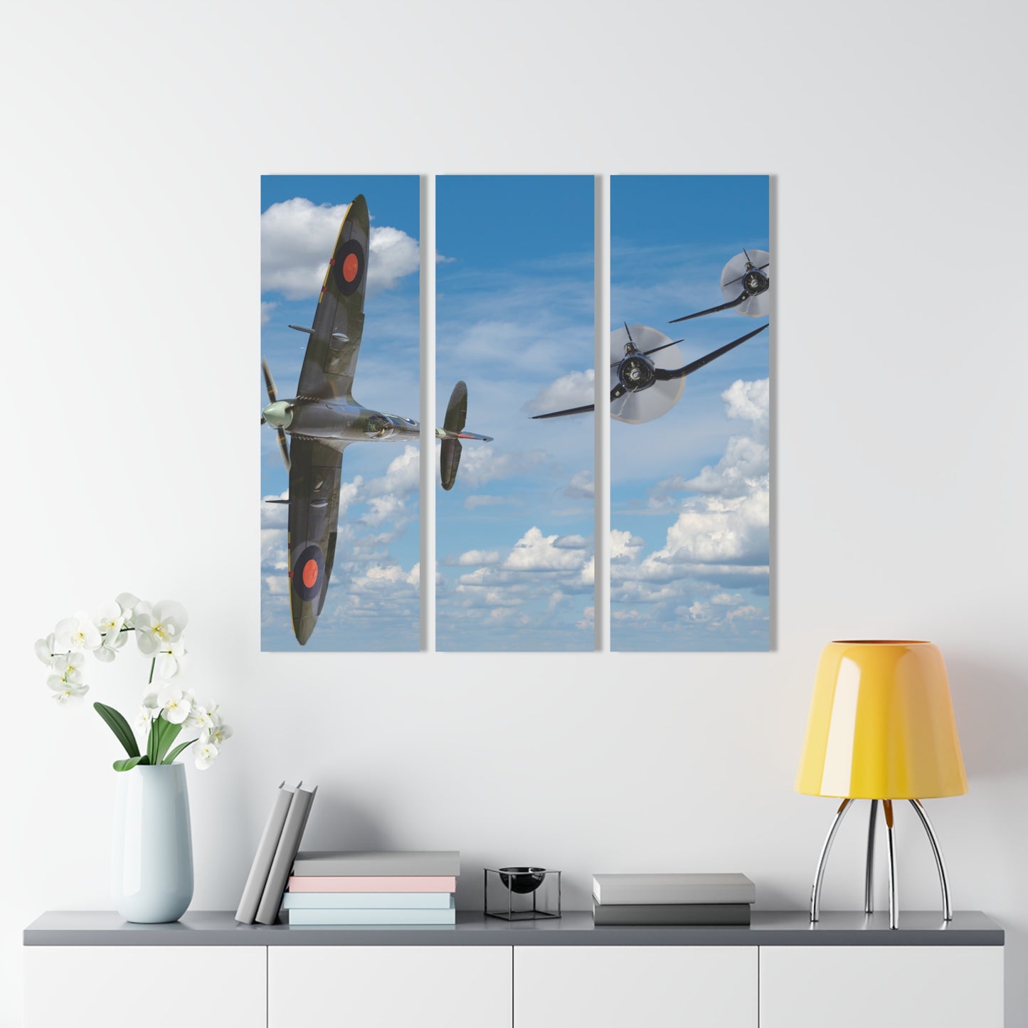 Wall Art, World War II F4U Corsair Chasing Down a British Supermarine Spitfire Fighter, Set of three Triptych Acrylic Prints, Home Decor