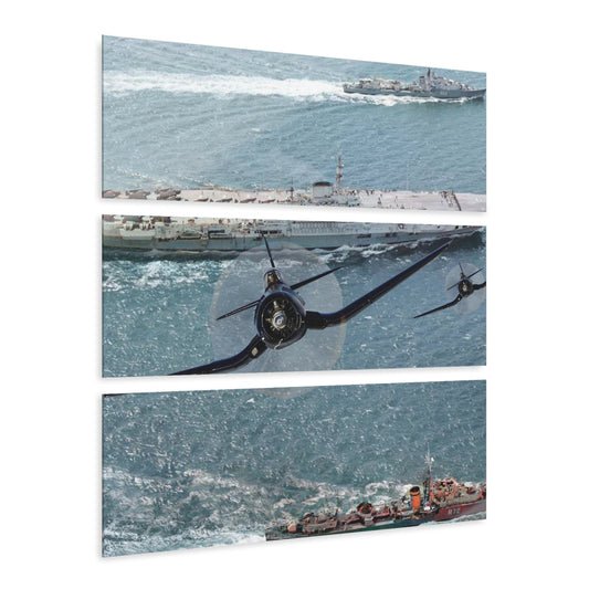 Vintage F4U Corsair and WWII Naval Aircraft Carrier Aerials Acrylic Prints Triptych Wall Art, Aviation Decor, Man Cave Art, Military Home