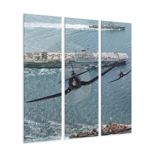 Vintage F4U Corsair and WWII Naval Aircraft Carrier Aerials Acrylic Prints Triptych Wall Art, Aviation Decor, Man Cave Art, Military Home