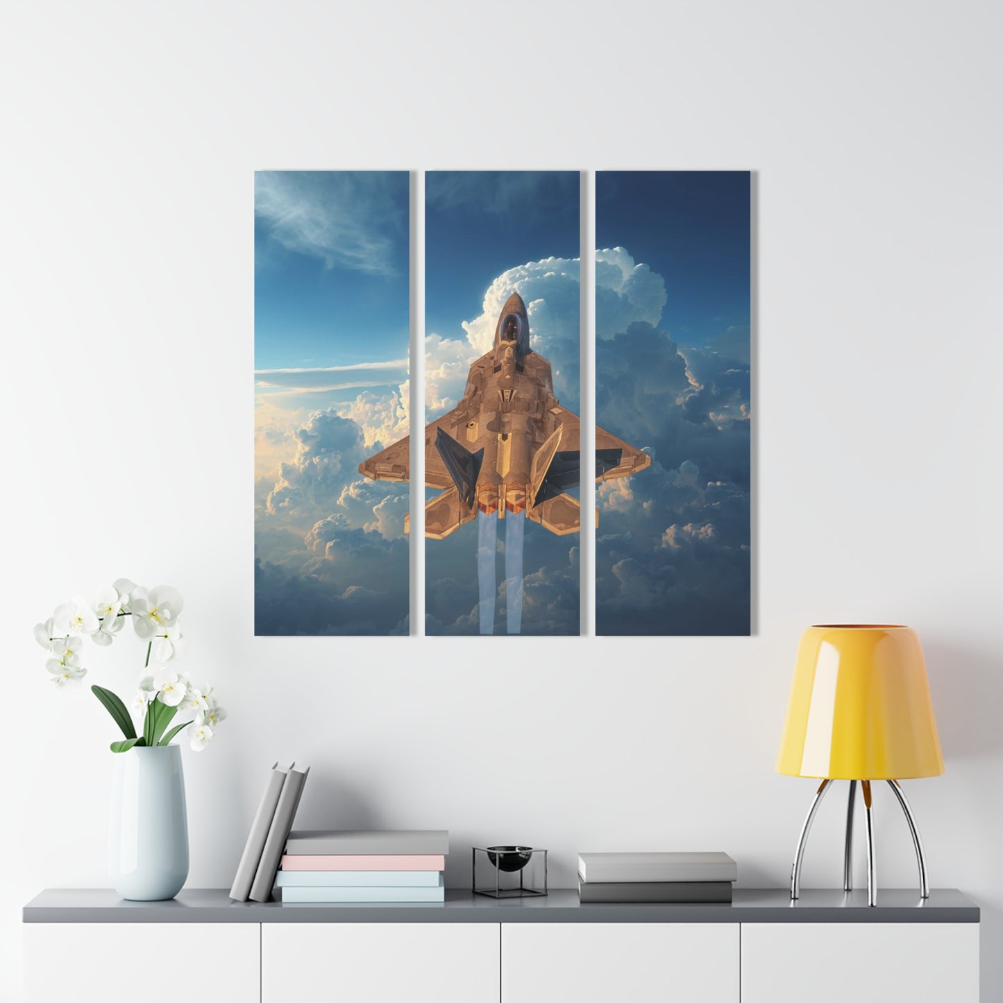 Aircraft Triptych Wall Art, F-35 Lightning II Fighter Jet in Clouds Acrylic Prints, Set of 3 made with 0.25"thick Grade-A Acrylic, Aviation