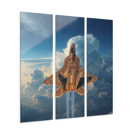 Aircraft Triptych Wall Art, F-35 Lightning II Fighter Jet in Clouds Acrylic Prints, Set of 3 made with 0.25"thick Grade-A Acrylic, Aviation