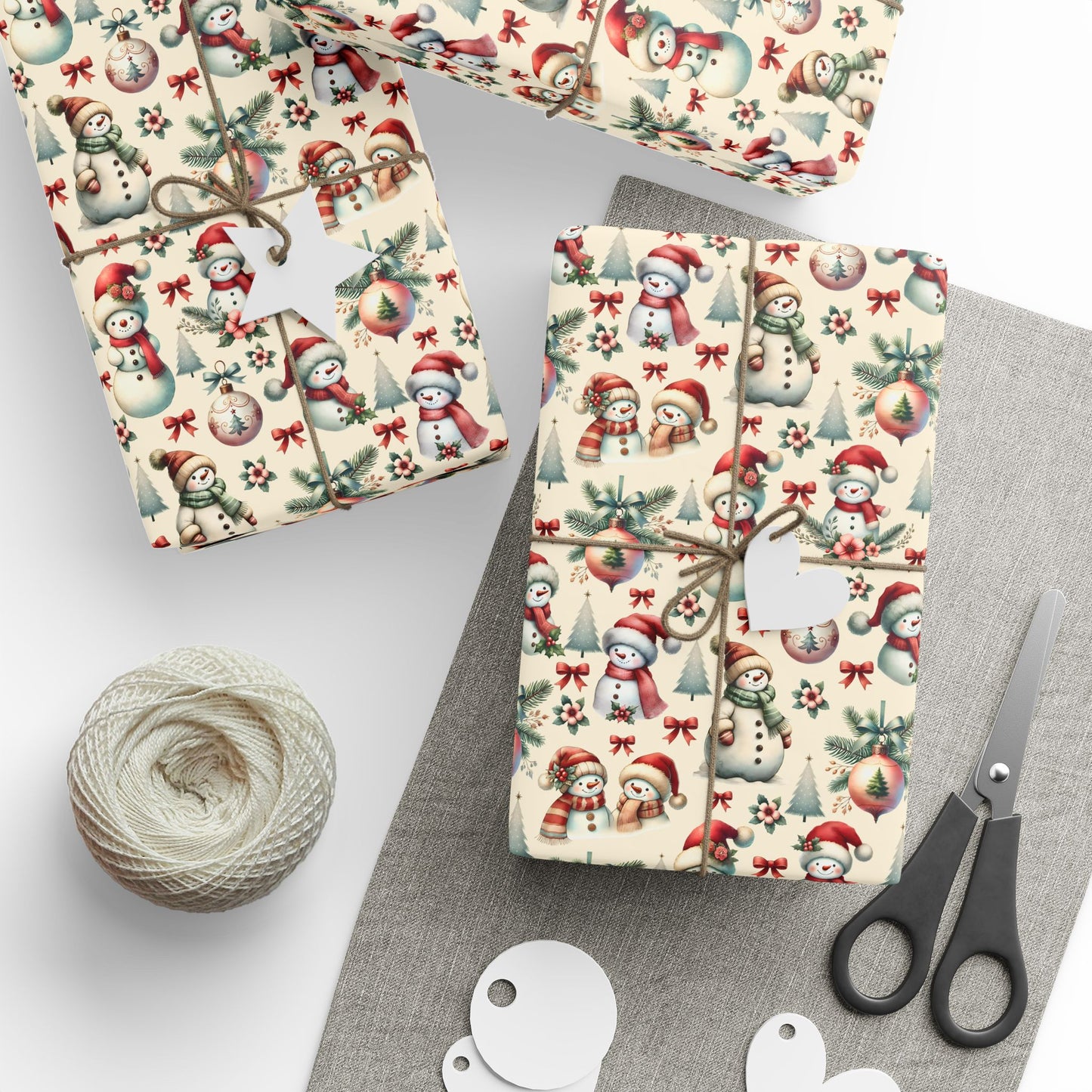 Christmas Trees Wrapping Paper - Festive Holiday Gift Wrap, Snowmen, Ornaments, Red Bows - Seasonal Decorative Wrap, Xmas Present Cover,